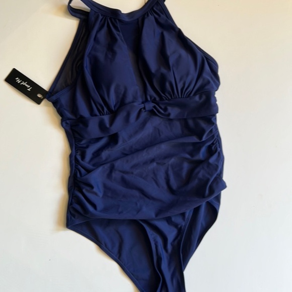 NWT Tempt Me navy blue high neck plunge mesh ruched swimsuit, size medium - Picture 2 of 9